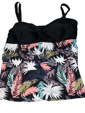Black Tropical Print Tankini Top with Multicolor Leaf Pattern